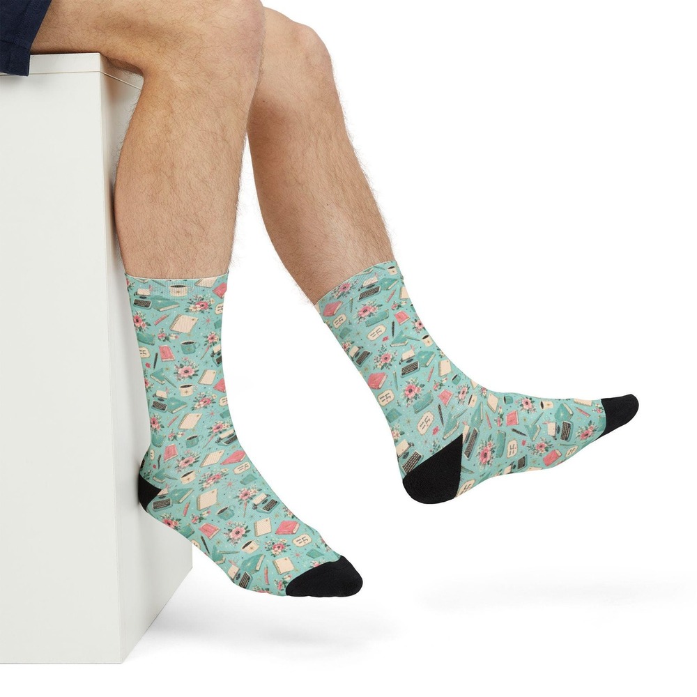 Floral Typewriter Writer Crew Socks | Teacup Pattern, Mint‎ Floral Socks